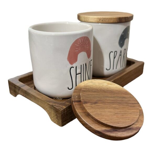 Rae Dunn ceramic SHINE - SPARKLE canisters / holders Set of 2 on a wood tray wit - Picture 2 of 2